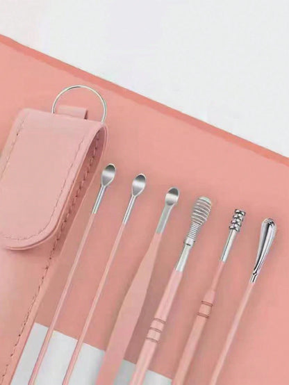 6pcs/Set Stainless Steel Double-Ended Spiral Ear Wax Removal Spoons, Ear Cleaning Tools For Home Use,School,Back To School,Travel,Travel Essentials,Home Essentials,Ear Cleaner