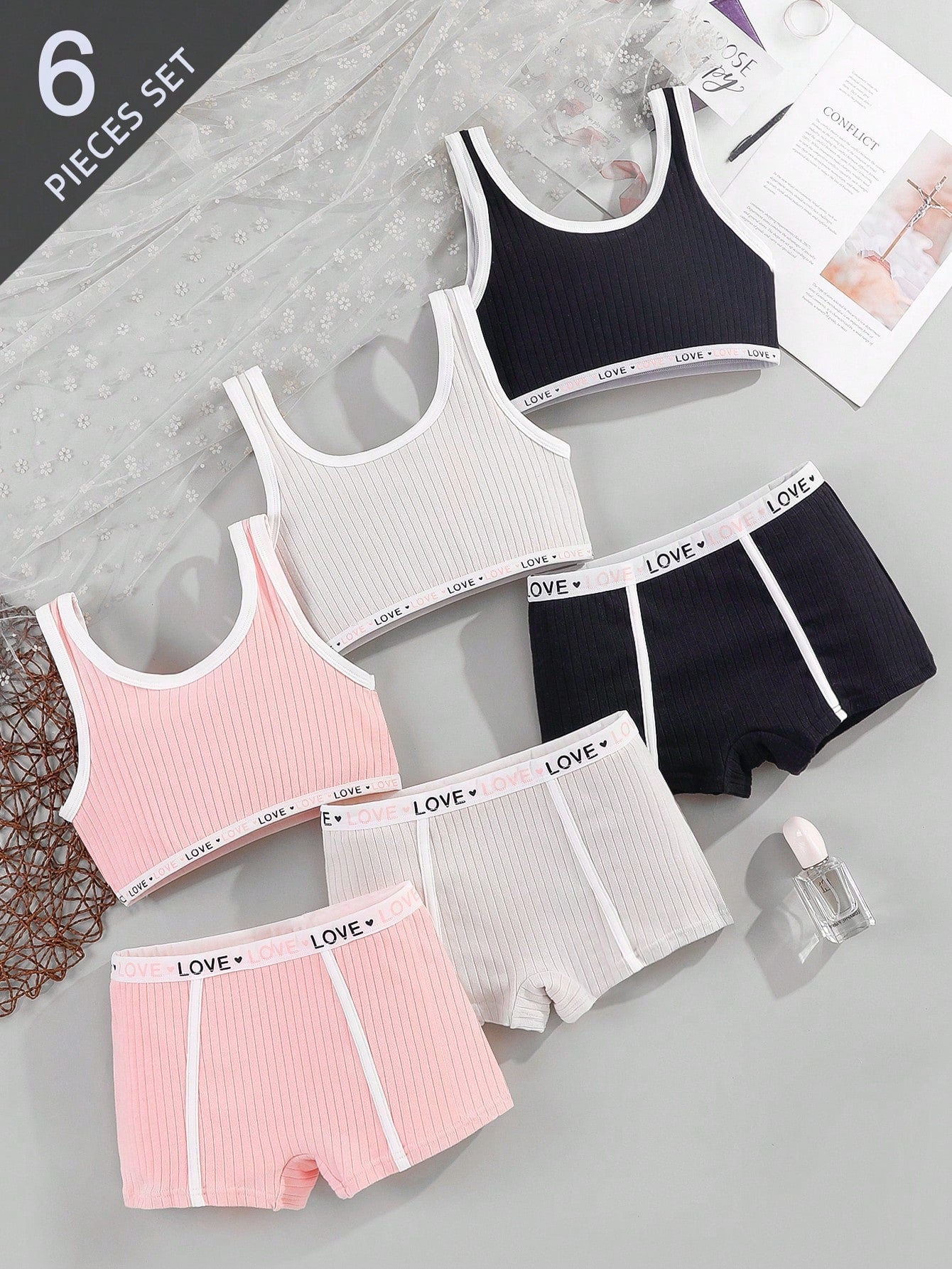 6pcs/Set Teen Girl Camisole Sports Bra,Solid Color Elastic Waist Panty,Simple Underwear Set For Girls,Back To School Winter,Work Lingerie Shorts Set