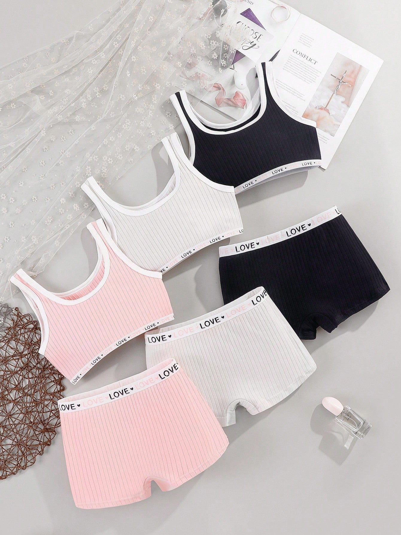 6pcs/Set Teen Girl Camisole Sports Bra,Solid Color Elastic Waist Panty,Simple Underwear Set For Girls,Back To School Winter,Work Lingerie Shorts Set