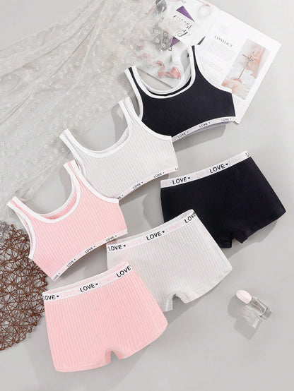 6pcs/Set Teen Girl Camisole Sports Bra,Solid Color Elastic Waist Panty,Simple Underwear Set For Girls,Back To School Winter,Work Lingerie Shorts Set