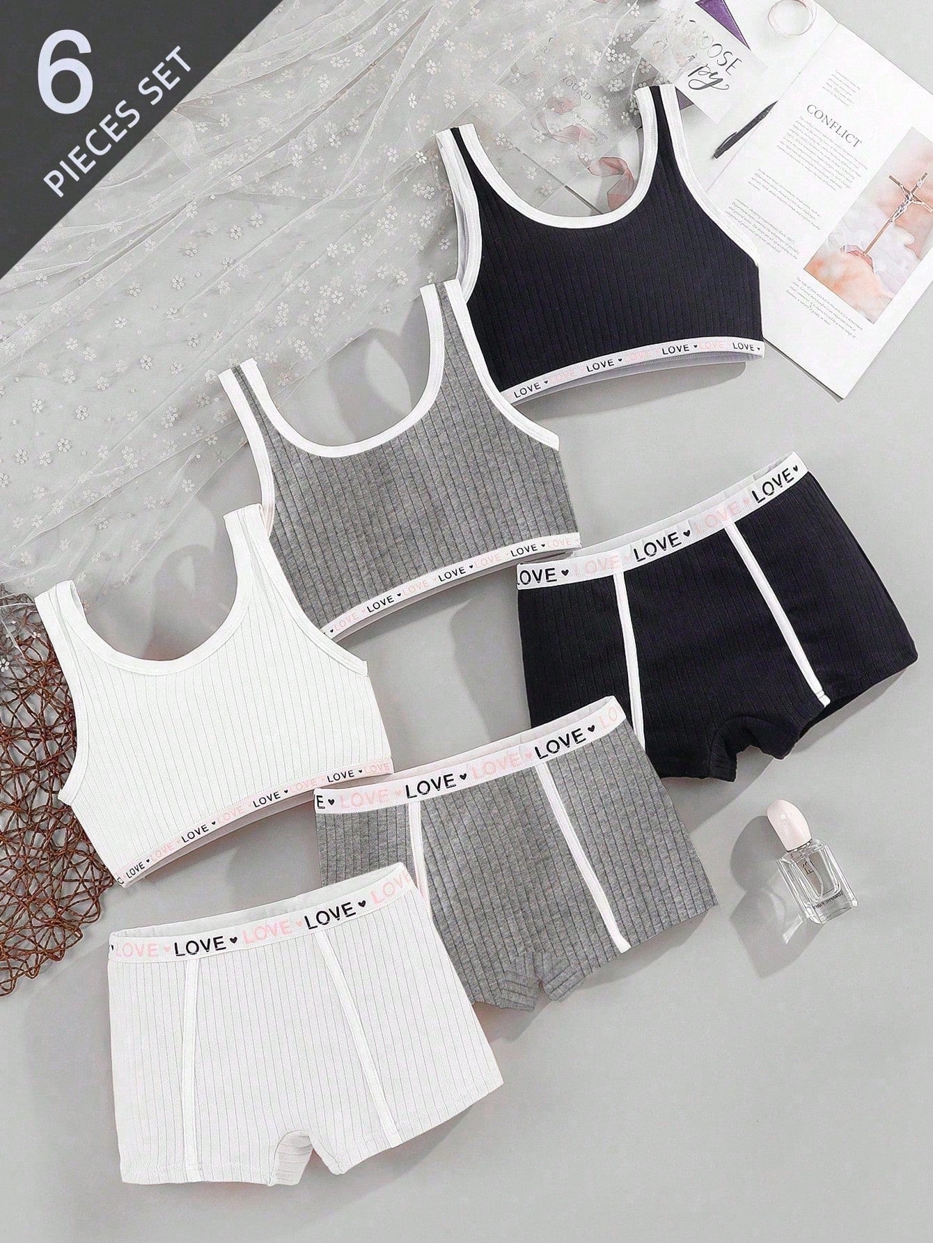 6pcs/Set Teen Girl Camisole Sports Bra,Solid Color Elastic Waist Panty,Simple Underwear Set For Girls,Back To School Winter,Work Lingerie Shorts Set