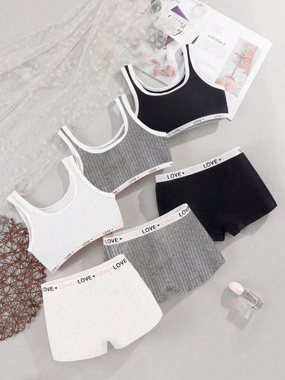6pcs/Set Teen Girl Camisole Sports Bra,Solid Color Elastic Waist Panty,Simple Underwear Set For Girls,Back To School Winter,Work Lingerie Shorts Set