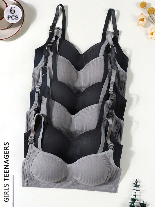 6pcs/Set Teen GirlComfortable Minimalist Ribbed Bras, Suitable For 13-16 Years Old