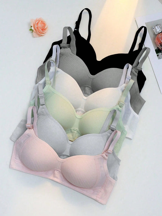 6pcs/Set Teen GirlComfortable Minimalist Ribbed Bras, Suitable For 13-16 Years Old