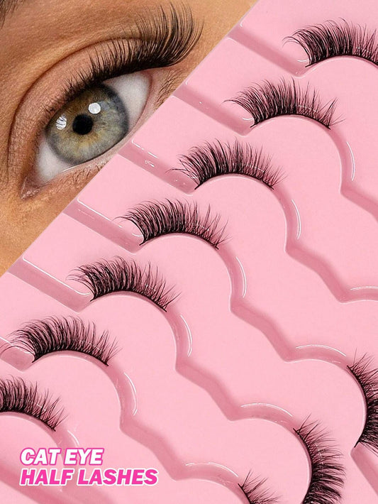 7 Pairs Asiteo Natural Fluffy Eyelashes, Cat Eye Lashes, Elongated Lash Tips, Daily Wear, Strip Fake Eyelashes
