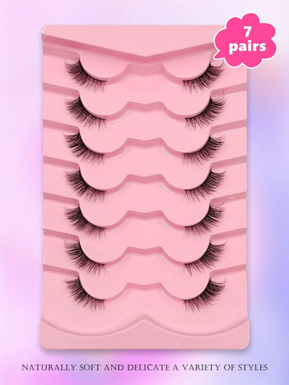 7 Pairs Asiteo Natural Fluffy Eyelashes, Cat Eye Lashes, Elongated Lash Tips, Daily Wear, Strip Fake Eyelashes