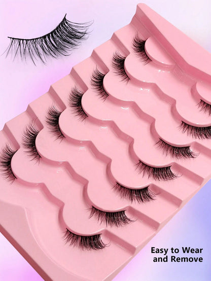 7 Pairs Asiteo Natural Fluffy Eyelashes, Cat Eye Lashes, Elongated Lash Tips, Daily Wear, Strip Fake Eyelashes