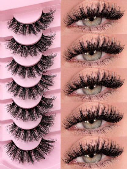 7 Pairs Of D-Curl Thick & Fluffy Russian Style Natural Lashes, Classic Cat Eye Mink Lashes, Cross Fiber 5D Thick & Long False Eyelashes, Soft & Natural For Creating Natural Makeup Look
