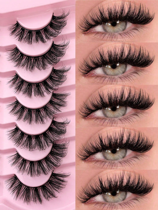7 Pairs Of D-Curl Thick & Fluffy Russian Style Natural Lashes, Classic Cat Eye Mink Lashes, Cross Fiber 5D Thick & Long False Eyelashes, Soft & Natural For Creating Natural Makeup Look