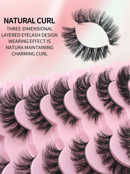 7 Pairs Of D-Curl Thick & Fluffy Russian Style Natural Lashes, Classic Cat Eye Mink Lashes, Cross Fiber 5D Thick & Long False Eyelashes, Soft & Natural For Creating Natural Makeup Look