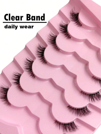 7 Pairs Of Natural Half Eye False Eyelashes, Cat Eye Effect Fluffy Eyelashes Transparent Strip Natural Long 3D Fluffy False Eyelashes Suitable For Role Playing