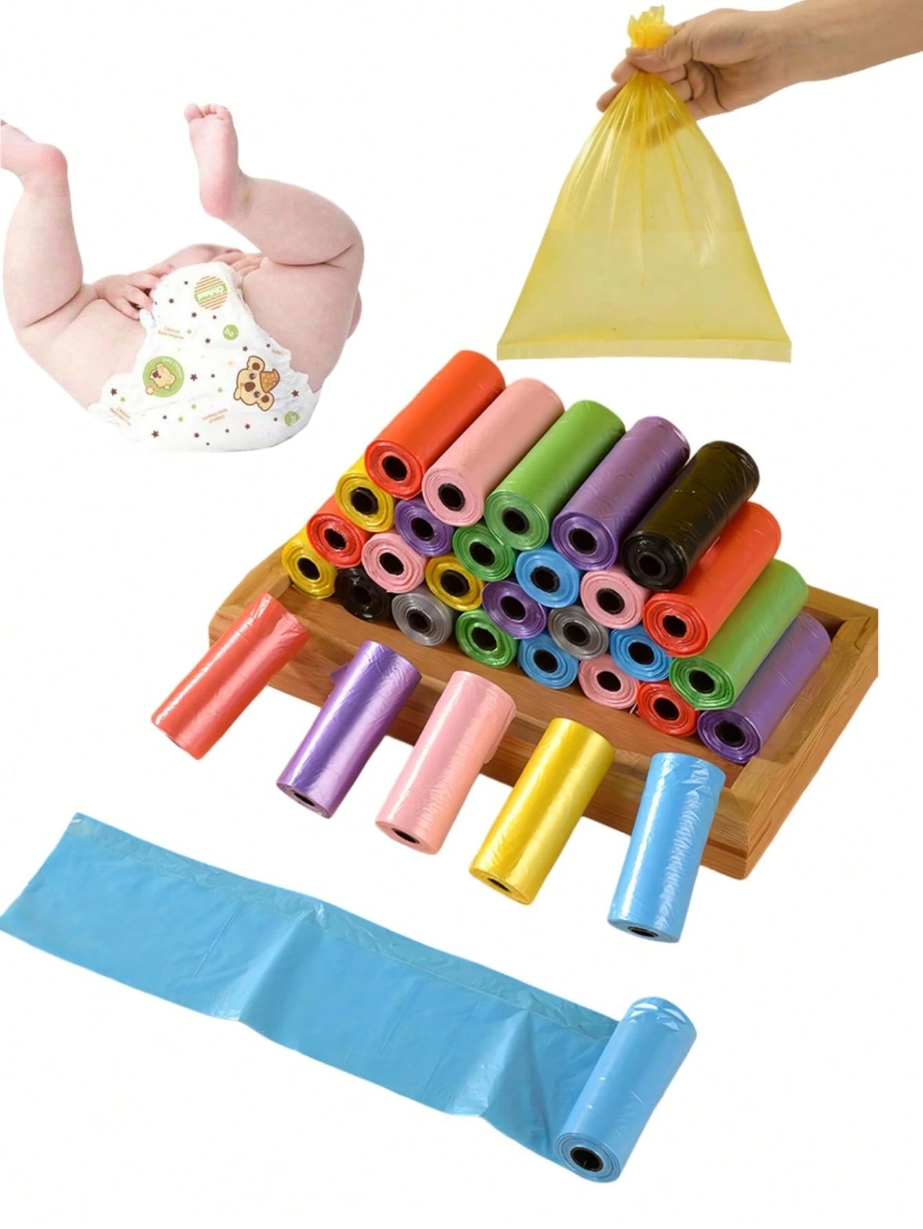 75pcs/5rolls Diaper Trash Bags, Solid Color, Convenient For Outdoor Stroller, Car, Living Room, Bathroom Baby Care, Baby Stroller Hanging, Christmas Stocking Gift For Kids