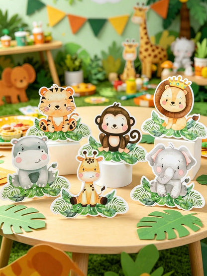 7pcs Jungle Animals Table Centerpieces,Birthday Decoration,Cute Cartoon Animals Paper Ornament,Animals Themed Birthday Party Decoration,Kids'room Decor & Playroom Accents,Photo Booth Props & Party Tab
