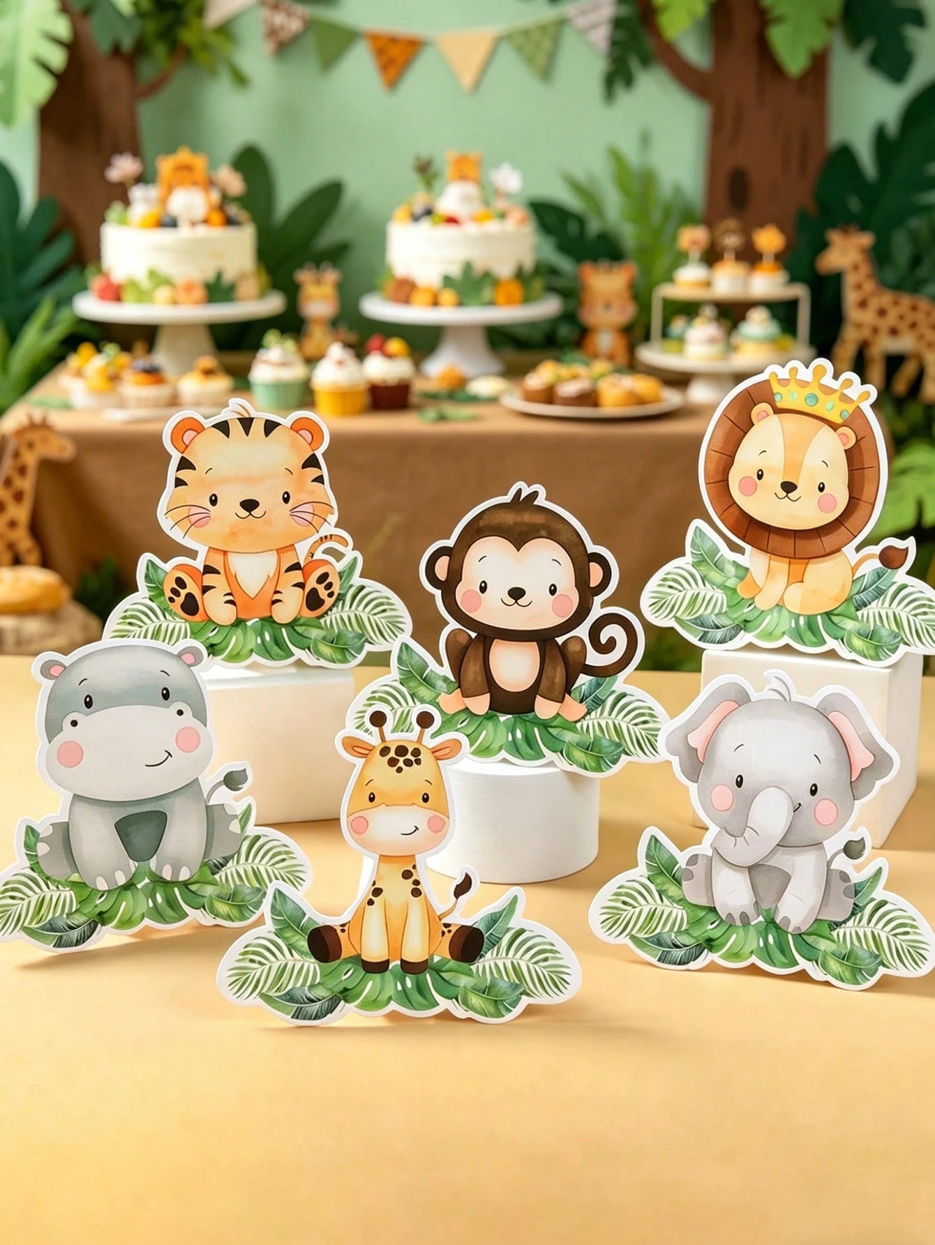 7pcs Jungle Animals Table Centerpieces,Birthday Decoration,Cute Cartoon Animals Paper Ornament,Animals Themed Birthday Party Decoration,Kids'room Decor & Playroom Accents,Photo Booth Props & Party Tab