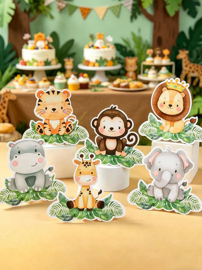 7pcs Jungle Animals Table Centerpieces,Birthday Decoration,Cute Cartoon Animals Paper Ornament,Animals Themed Birthday Party Decoration,Kids'room Decor & Playroom Accents,Photo Booth Props & Party Tab