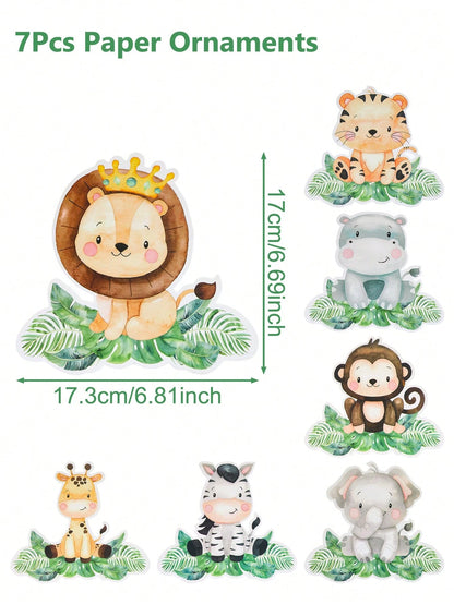 7pcs Jungle Animals Table Centerpieces,Birthday Decoration,Cute Cartoon Animals Paper Ornament,Animals Themed Birthday Party Decoration,Kids'room Decor & Playroom Accents,Photo Booth Props & Party Tab