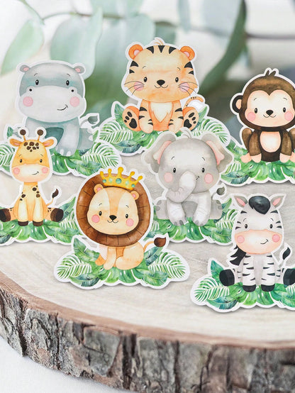 7pcs Jungle Animals Table Centerpieces,Birthday Decoration,Cute Cartoon Animals Paper Ornament,Animals Themed Birthday Party Decoration,Kids'room Decor & Playroom Accents,Photo Booth Props & Party Tab