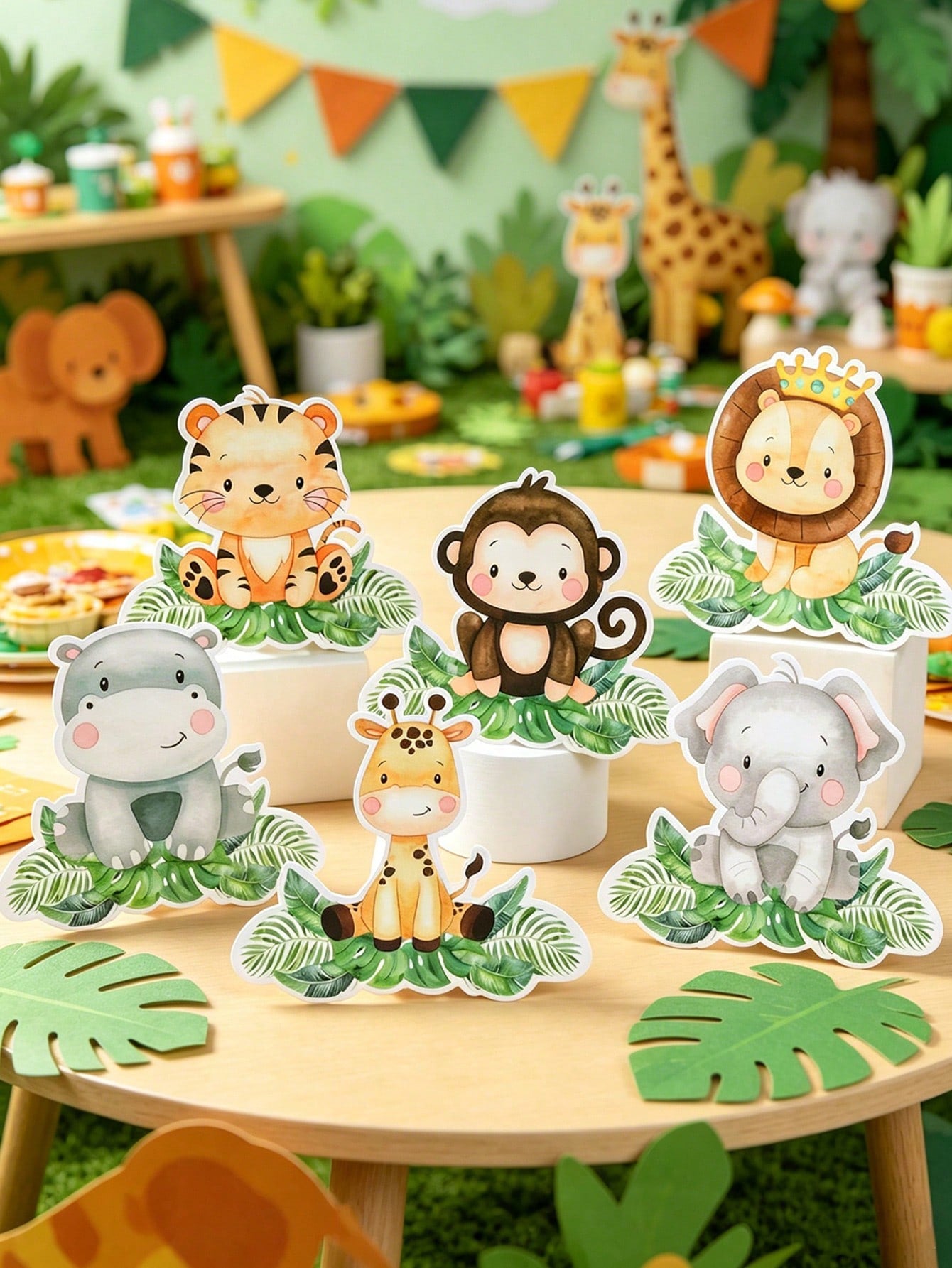 7pcs Jungle Animals Table Centerpieces,Birthday Decoration,Cute Cartoon Animals Paper Ornament,Animals Themed Birthday Party Decoration,Kids'room Decor & Playroom Accents,Photo Booth Props & Party Tab