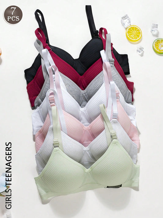 7pcs/Set Teen GirlRibbed Triangle Cup Bras, Comfortable & Breathable, Suitable For 13-16 Years Old