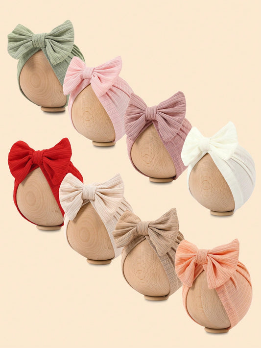 8 Colors Spring And Autumn Style Embroidered Headband Hat With Bow Decoration For 1-12 Months Old Babies, Newborn Baby Girl And Baby Boy Clothes Knitted Hand Sewn Stretch Fabric, Bow Hair Accessories