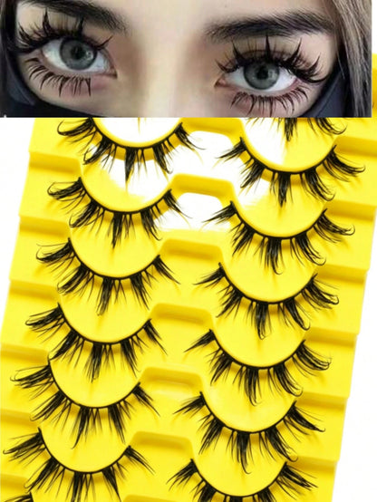 8 Pairs Cartoon Style Natural Long Cosplay Makeup Criss-Cross Big Eyes Lashes Cat Eye False Eyelashes Pointed Thick False Lashes, Suitable For Festivals, Celebrations, Parties, Reusable, Lengthening