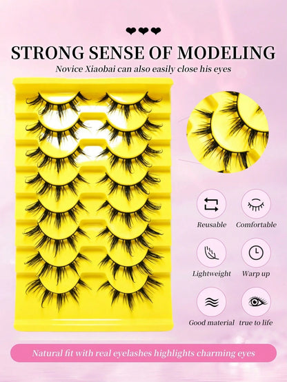 8 Pairs Cartoon Style Natural Long Cosplay Makeup Criss-Cross Big Eyes Lashes Cat Eye False Eyelashes Pointed Thick False Lashes, Suitable For Festivals, Celebrations, Parties, Reusable, Lengthening