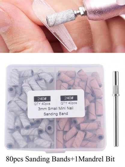 80pcs Pink Sanding Bands For Nail Drill, Upgrade Design Small Nail Sanding Files For 3mm Mandrel Bits, 240 Grits For Acrylic Nails Gel Removing Shaping, Manicure Nail Salon Use