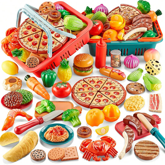 80Pcs Pretend Play Cutting Food Toys Set, Plastic Fruits Vegetables Seafood Pizza Kitchen Playset, Educational Role Play Toy Gift For Toddlers 2+ Boys Girls
