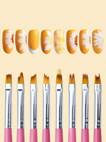 8Pcs Acrylic Nail Brush Flower Drawing Pen Nail Painting Brush Gradient Design Wood Handle Manicure Nail Art Polish Pen Tool