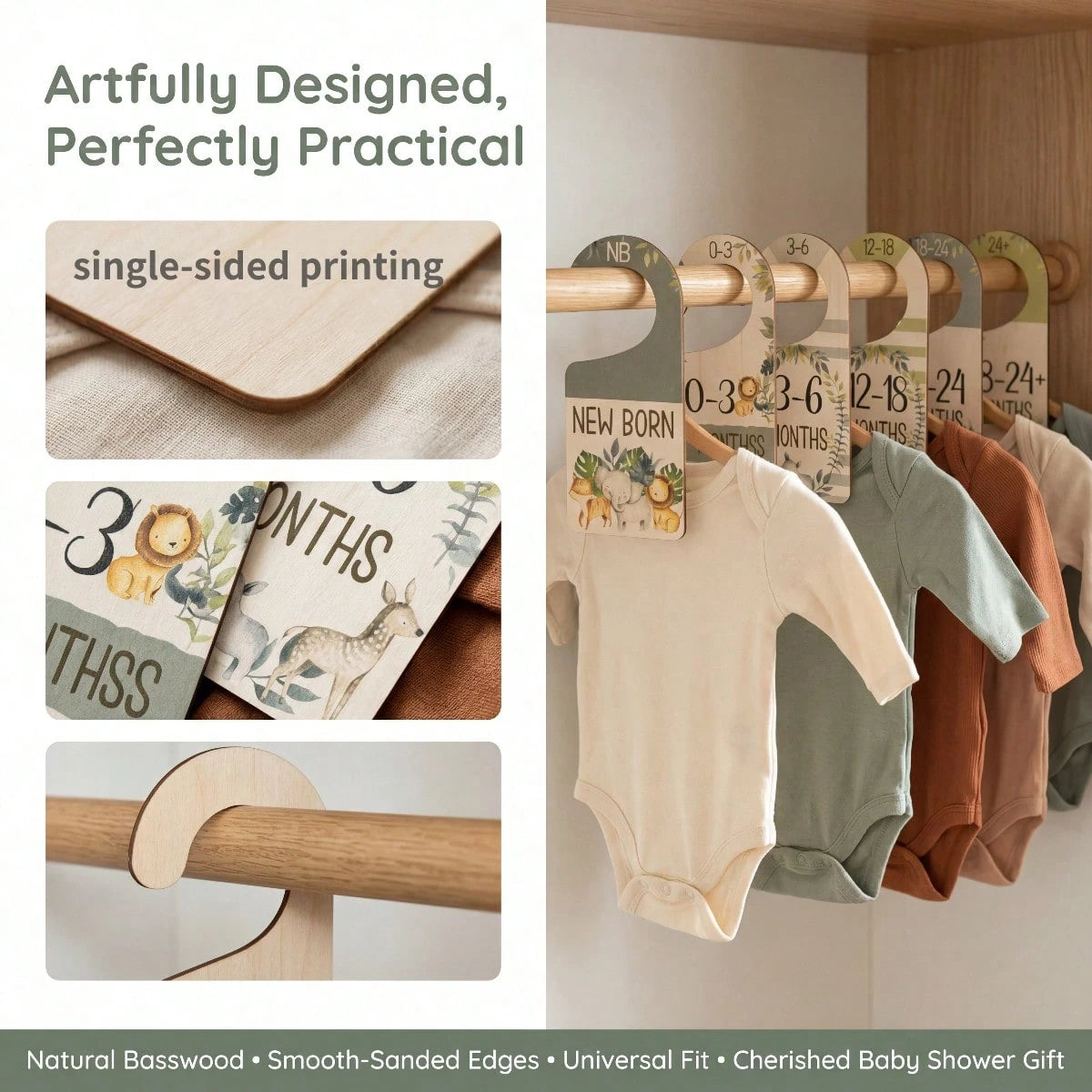 8pcs Baby Closet Dividers, Single-Sided Printed Animal Pattern Hanging Wooden Baby Wardrobe Storage Rack, Suitable For Newborns To 24 Months, Thick Baby Clothes Organizer, Newborn Gift