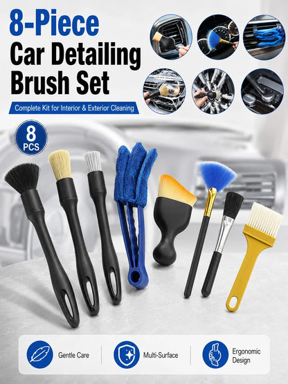 8pcs Car Detailing Cleaning Brush Set, Soft Bristle Interior Dusting Brush, Multi-Gap Detail Cleaning Tool, Suitable For Car Air Vents, Seats, Wheel Nuts And Car Emblems, Universal Car Care Set