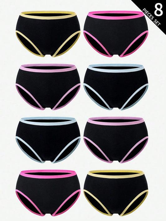 8pcs/Pack Teenage Girls' Solid Color Black, White, Floral Gray, Sky Blue Simple Cotton Soft Comfortable Panties