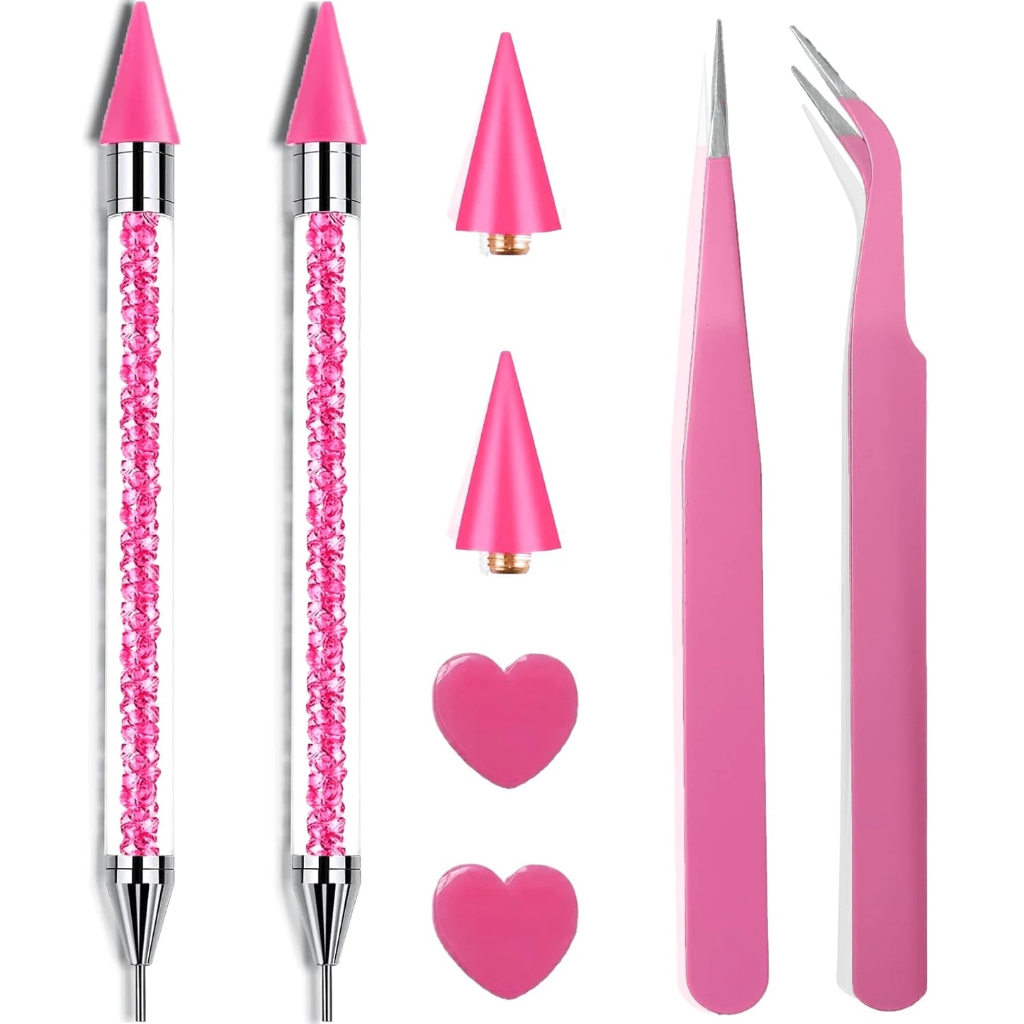 8pcs Pink Rhinestone Picking Tool Set- Includes 2 Double-Ended Wax Pens (With 2 Wax Tips) And 2 Pink Tweezers; Specialized Picking Tools For Nail Art, Gemstone And Crystal Embellishment