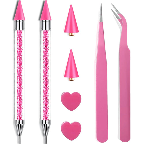 8pcs Pink Rhinestone Picking Tool Set- Includes 2 Double-Ended Wax Pens (With 2 Wax Tips) And 2 Pink Tweezers; Specialized Picking Tools For Nail Art, Gemstone And Crystal Embellishment