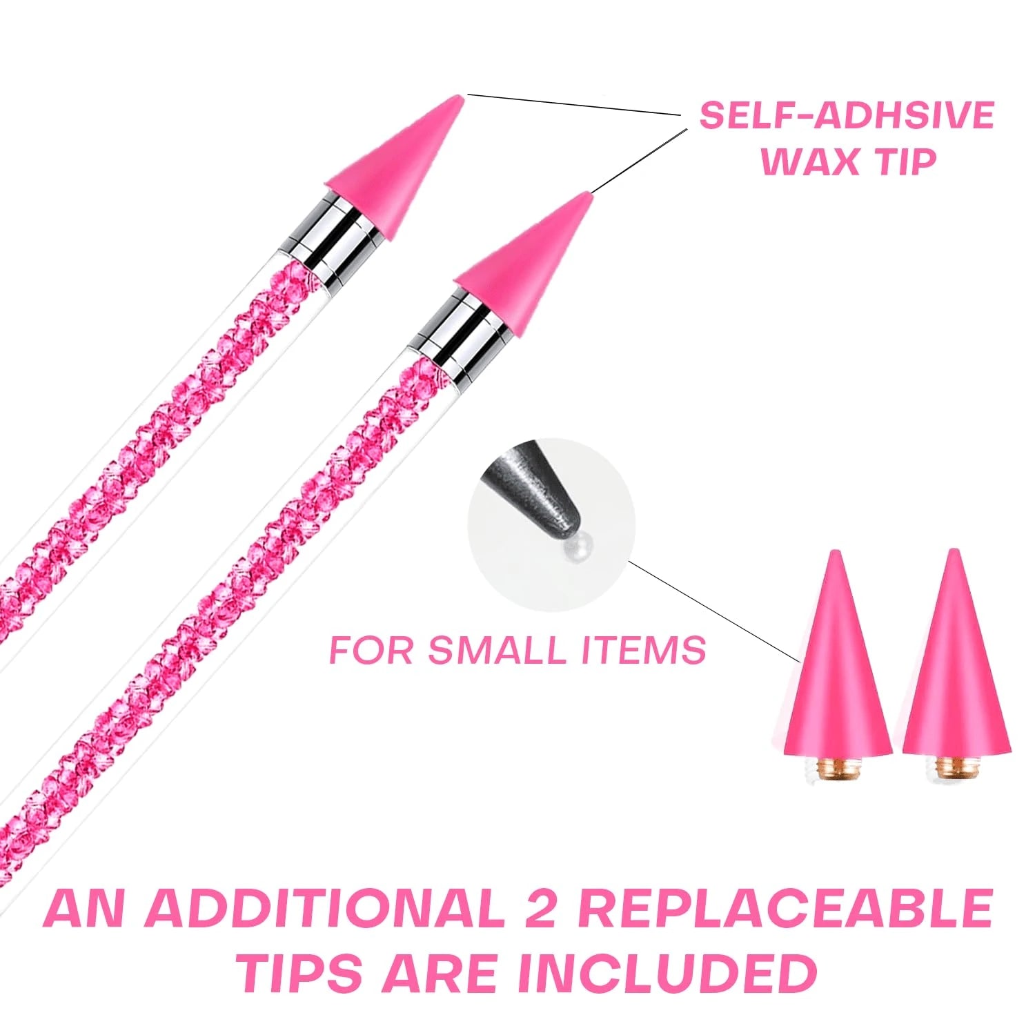 8pcs Pink Rhinestone Picking Tool Set- Includes 2 Double-Ended Wax Pens (With 2 Wax Tips) And 2 Pink Tweezers; Specialized Picking Tools For Nail Art, Gemstone And Crystal Embellishment