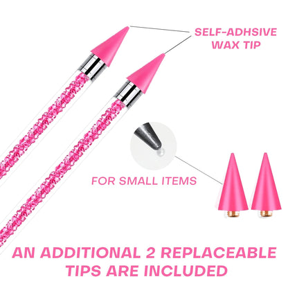 8pcs Pink Rhinestone Picking Tool Set- Includes 2 Double-Ended Wax Pens (With 2 Wax Tips) And 2 Pink Tweezers; Specialized Picking Tools For Nail Art, Gemstone And Crystal Embellishment