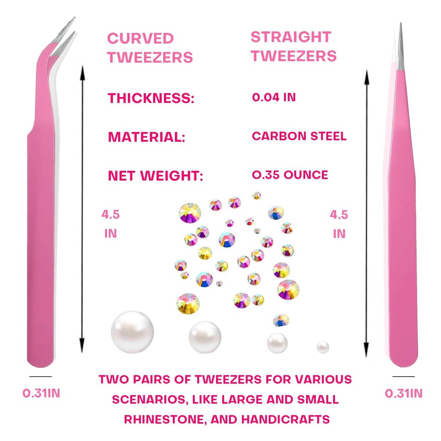 8pcs Pink Rhinestone Picking Tool Set- Includes 2 Double-Ended Wax Pens (With 2 Wax Tips) And 2 Pink Tweezers; Specialized Picking Tools For Nail Art, Gemstone And Crystal Embellishment