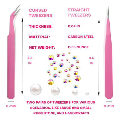 8pcs Pink Rhinestone Picking Tool Set- Includes 2 Double-Ended Wax Pens (With 2 Wax Tips) And 2 Pink Tweezers; Specialized Picking Tools For Nail Art, Gemstone And Crystal Embellishment