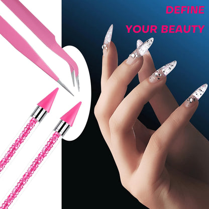 8pcs Pink Rhinestone Picking Tool Set- Includes 2 Double-Ended Wax Pens (With 2 Wax Tips) And 2 Pink Tweezers; Specialized Picking Tools For Nail Art, Gemstone And Crystal Embellishment