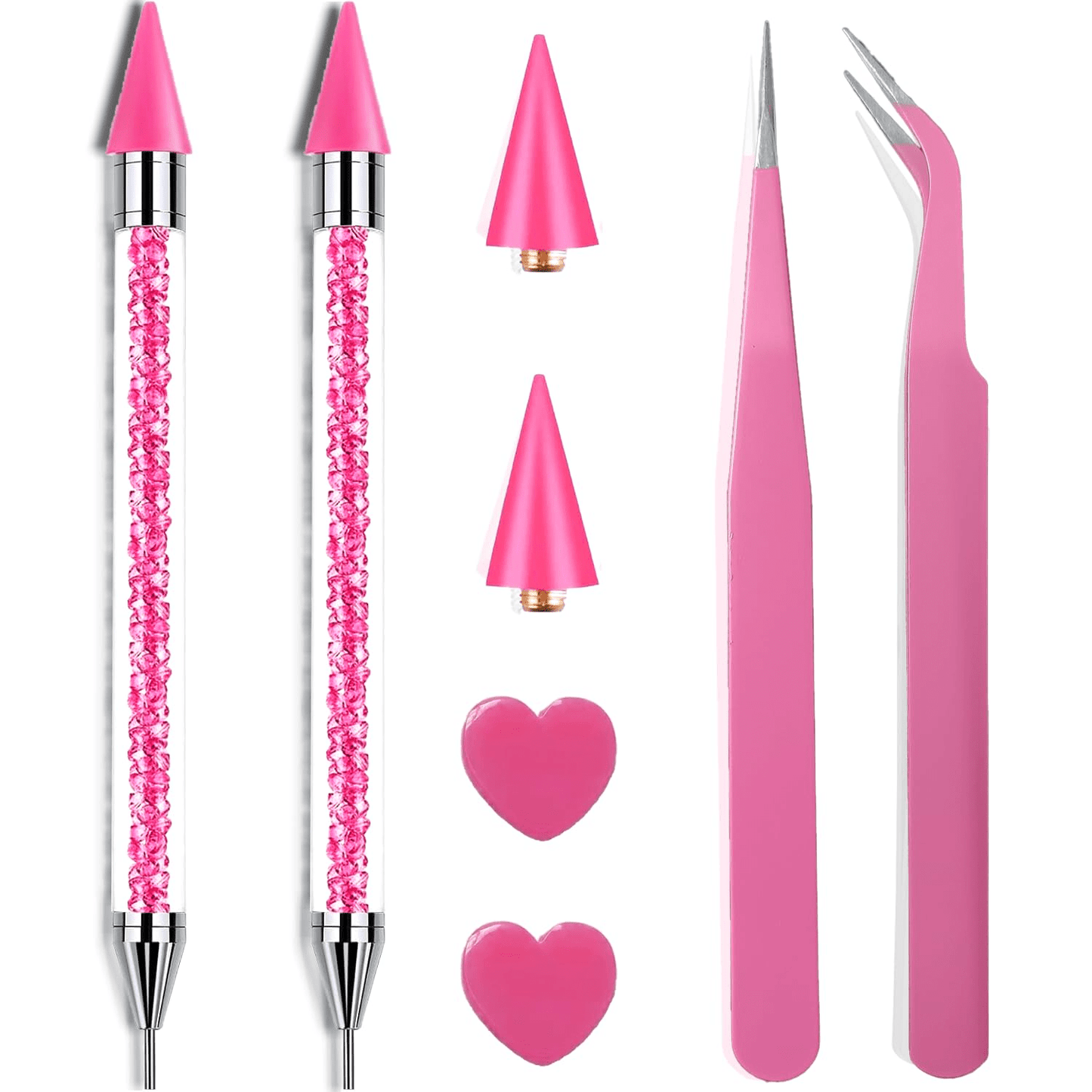8pcs Pink Rhinestone Picking Tool Set- Includes 2 Double-Ended Wax Pens (With 2 Wax Tips) And 2 Pink Tweezers; Specialized Picking Tools For Nail Art, Gemstone And Crystal Embellishment