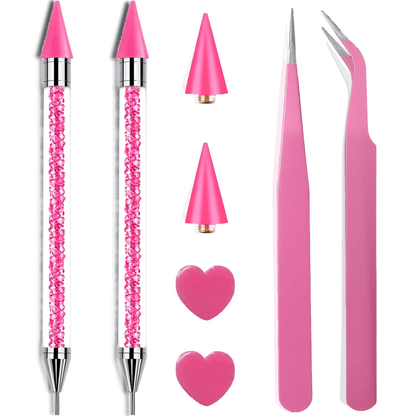 8pcs Pink Rhinestone Picking Tool Set- Includes 2 Double-Ended Wax Pens (With 2 Wax Tips) And 2 Pink Tweezers; Specialized Picking Tools For Nail Art, Gemstone And Crystal Embellishment