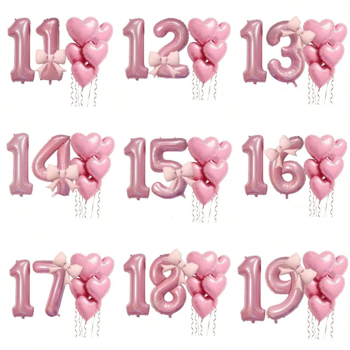 8pcs/Set Pink Number Balloon Set, Age 10-19, Heart Shaped Balloons And Bows- Soft Tones, Suitable For Baby Shower Decor, Girl Birthday Party Decor, Adult Birthday, Christening, Baby Shower, Birthday