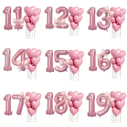8pcs/Set Pink Number Balloon Set, Age 10-19, Heart Shaped Balloons And Bows- Soft Tones, Suitable For Baby Shower Decor, Girl Birthday Party Decor, Adult Birthday, Christening, Baby Shower, Birthday