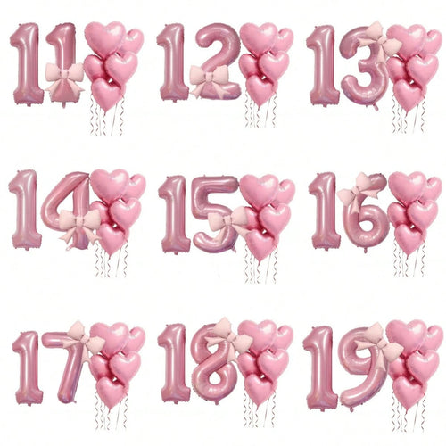 8pcs/Set Pink Number Balloon Set, Age 10-19, Heart Shaped Balloons And Bows- Soft Tones, Suitable For Baby Shower Decor, Girl Birthday Party Decor, Adult Birthday, Christening, Baby Shower, Birthday