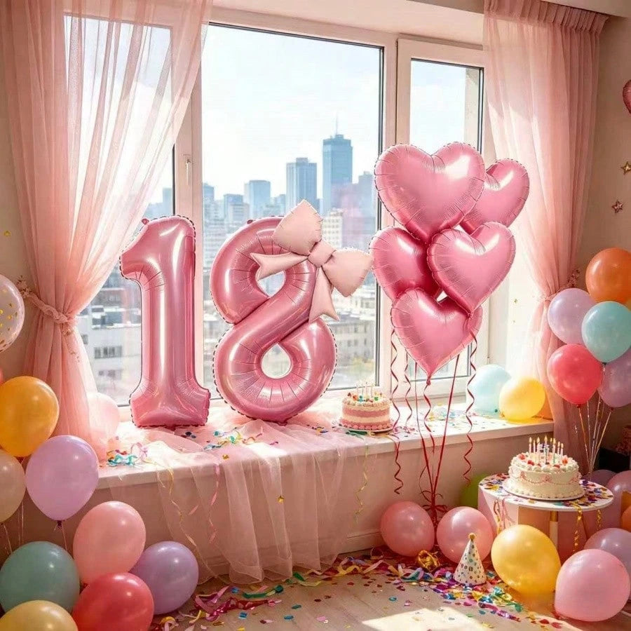 8pcs/Set Pink Number Balloon Set, Age 10-19, Heart Shaped Balloons And Bows- Soft Tones, Suitable For Baby Shower Decor, Girl Birthday Party Decor, Adult Birthday, Christening, Baby Shower, Birthday