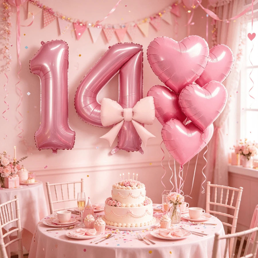 8pcs/Set Pink Number Balloon Set, Age 10-19, Heart Shaped Balloons And Bows- Soft Tones, Suitable For Baby Shower Decor, Girl Birthday Party Decor, Adult Birthday, Christening, Baby Shower, Birthday