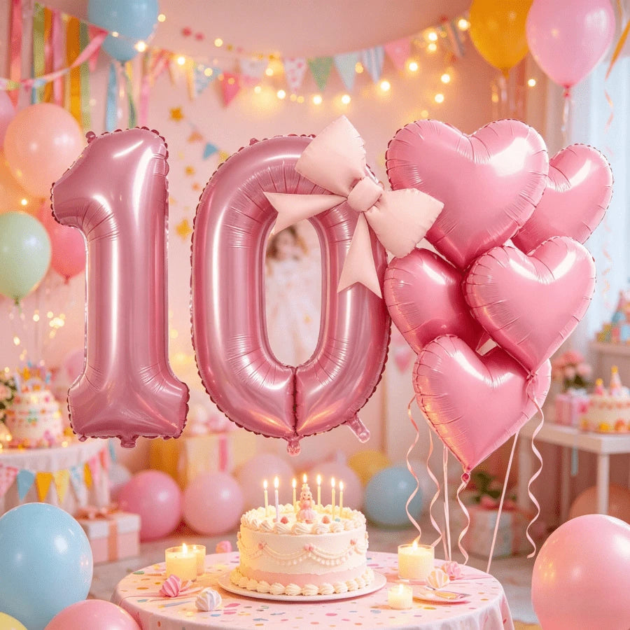 8pcs/Set Pink Number Balloon Set, Age 10-19, Heart Shaped Balloons And Bows- Soft Tones, Suitable For Baby Shower Decor, Girl Birthday Party Decor, Adult Birthday, Christening, Baby Shower, Birthday