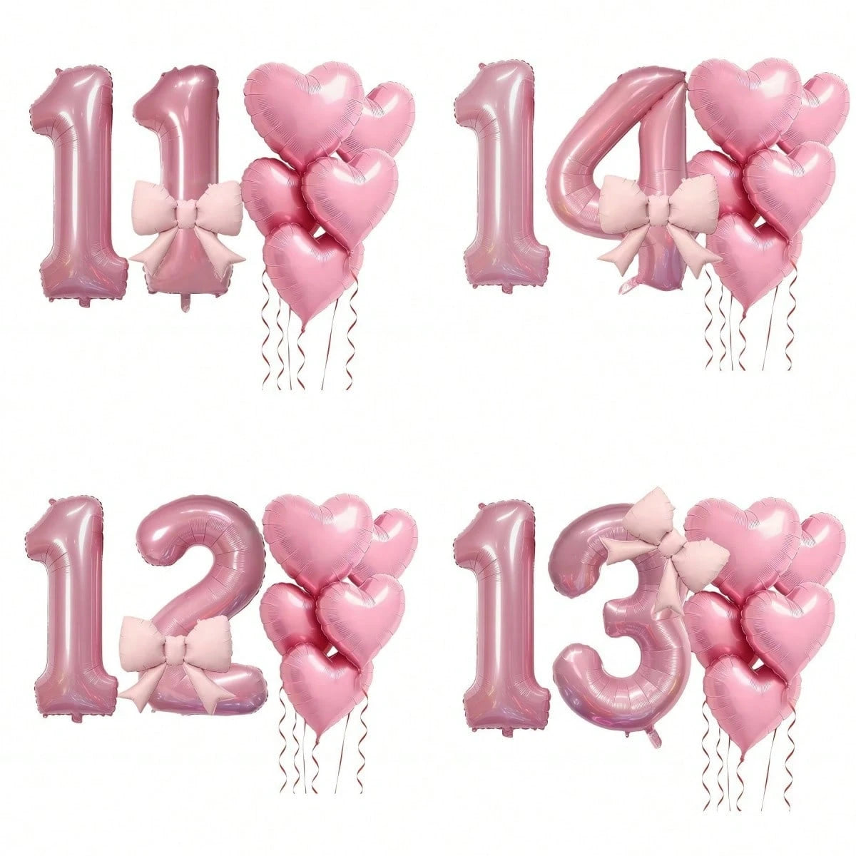 8pcs/Set Pink Number Balloon Set, Age 10-19, Heart Shaped Balloons And Bows- Soft Tones, Suitable For Baby Shower Decor, Girl Birthday Party Decor, Adult Birthday, Christening, Baby Shower, Birthday