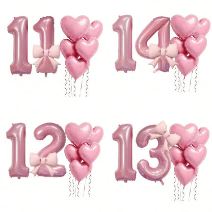 8pcs/Set Pink Number Balloon Set, Age 10-19, Heart Shaped Balloons And Bows- Soft Tones, Suitable For Baby Shower Decor, Girl Birthday Party Decor, Adult Birthday, Christening, Baby Shower, Birthday