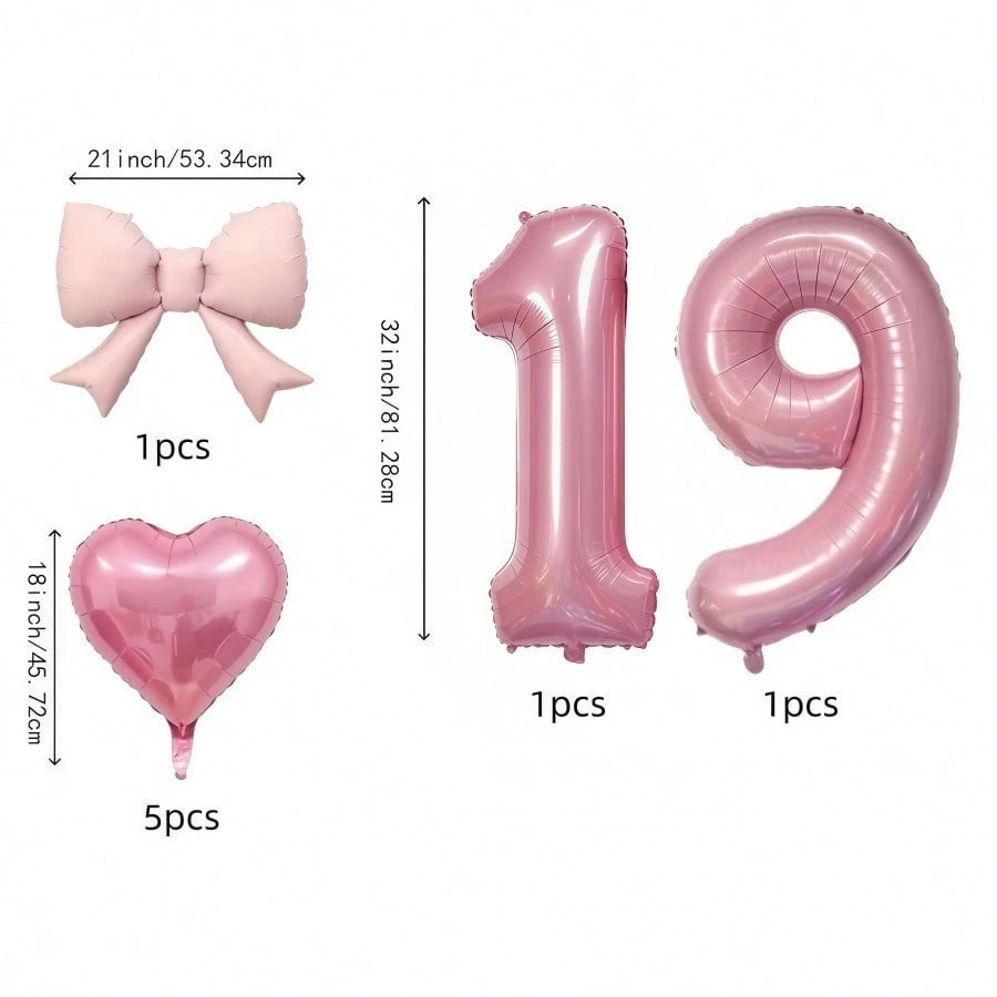 8pcs/Set Pink Number Balloon Set, Age 10-19, Heart Shaped Balloons And Bows- Soft Tones, Suitable For Baby Shower Decor, Girl Birthday Party Decor, Adult Birthday, Christening, Baby Shower, Birthday